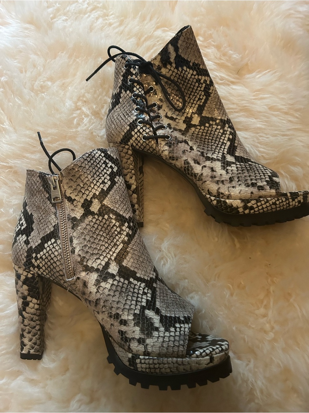 AllSaints Snake-Print Peep-Toe Lace-Up Ankle Booties in Black and Gray